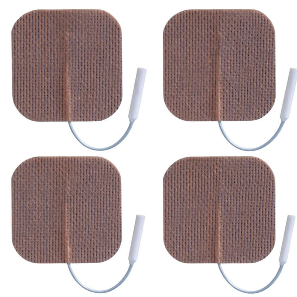 Four brown electronic patch with white leads on a white background