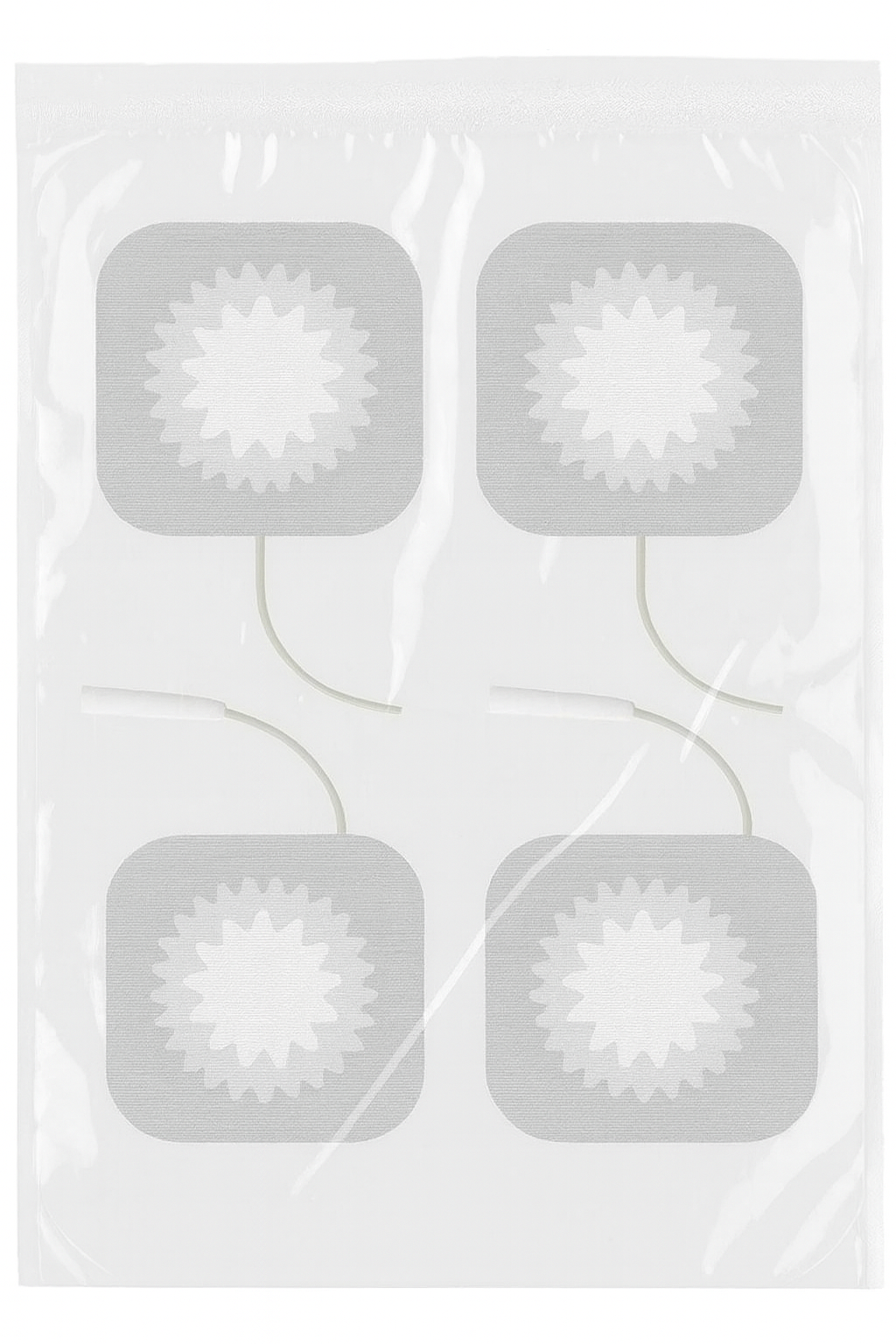 Four white circular stickers with a star-like pattern on a clear background