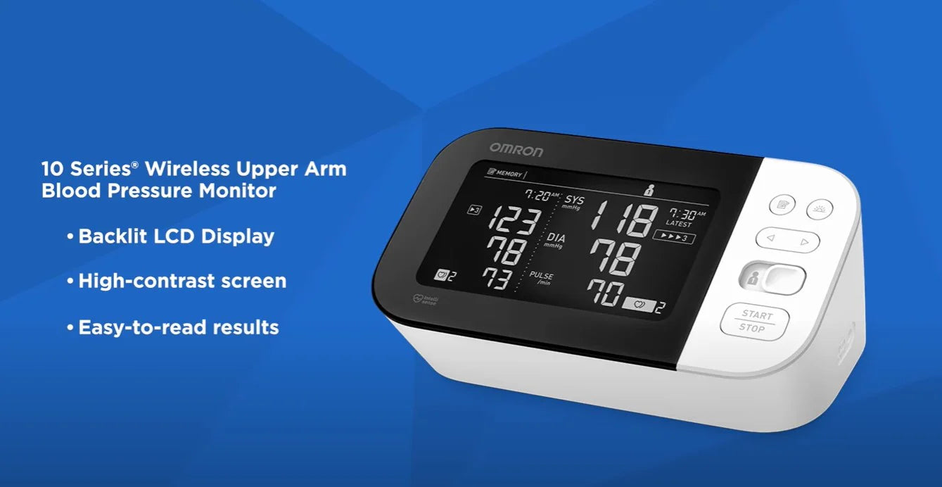 Omoron blood pressure monitor with features listed on a blue background