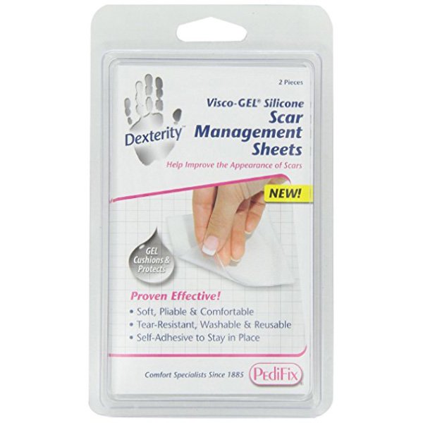 Package of Dexterity Visco-GEL Silicone Scar Management Sheets with hand illustration on a white background