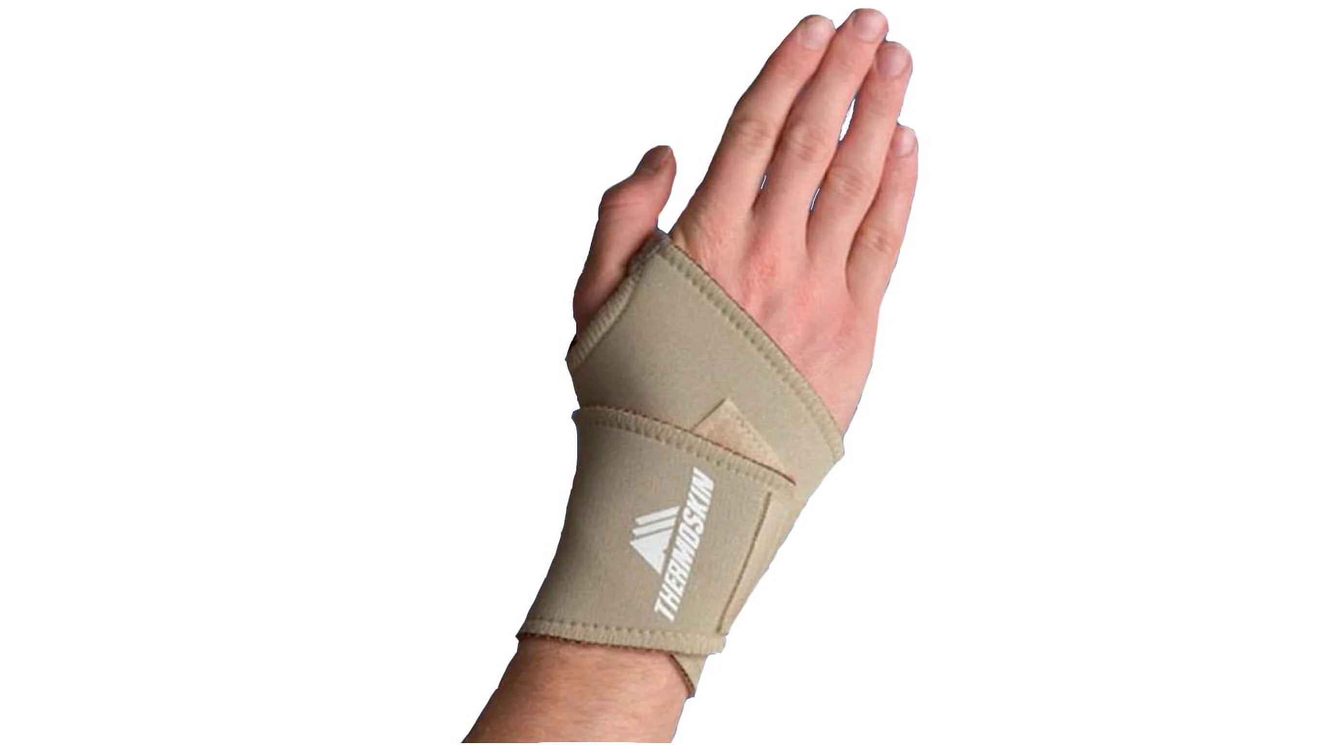 Hand wearing a beige wrist support brace on a white background