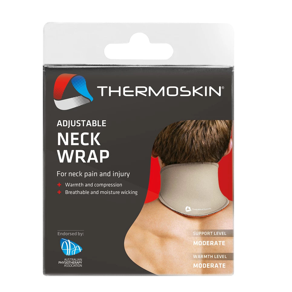 Thermoskin adjustable neck wrap packaging with a person wearing the wrap on a white background