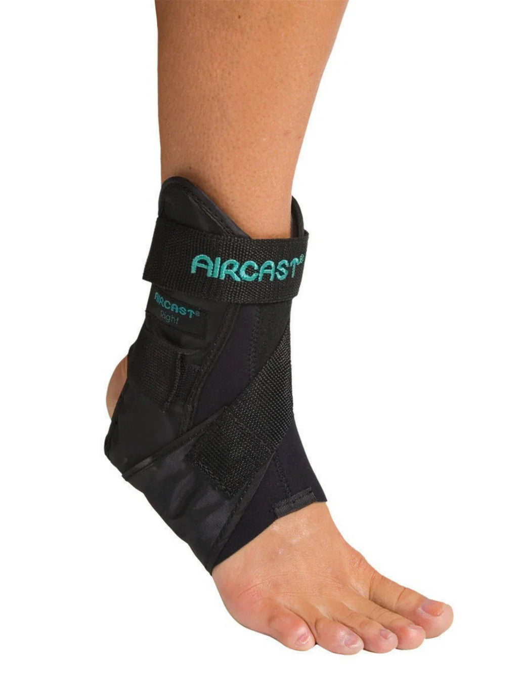 Black ankle support brace on a person's foot with 'Aircast' branding.