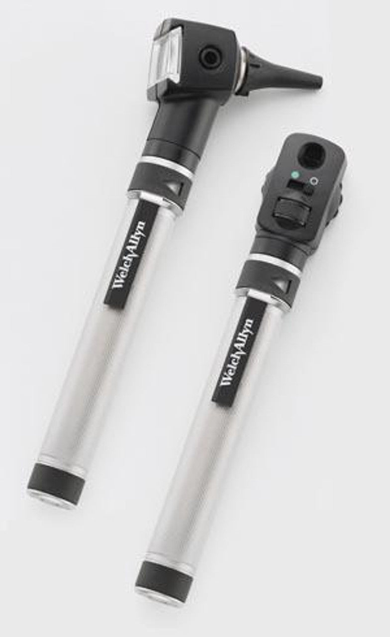 Two Welch Allyn otoscopes on a white background