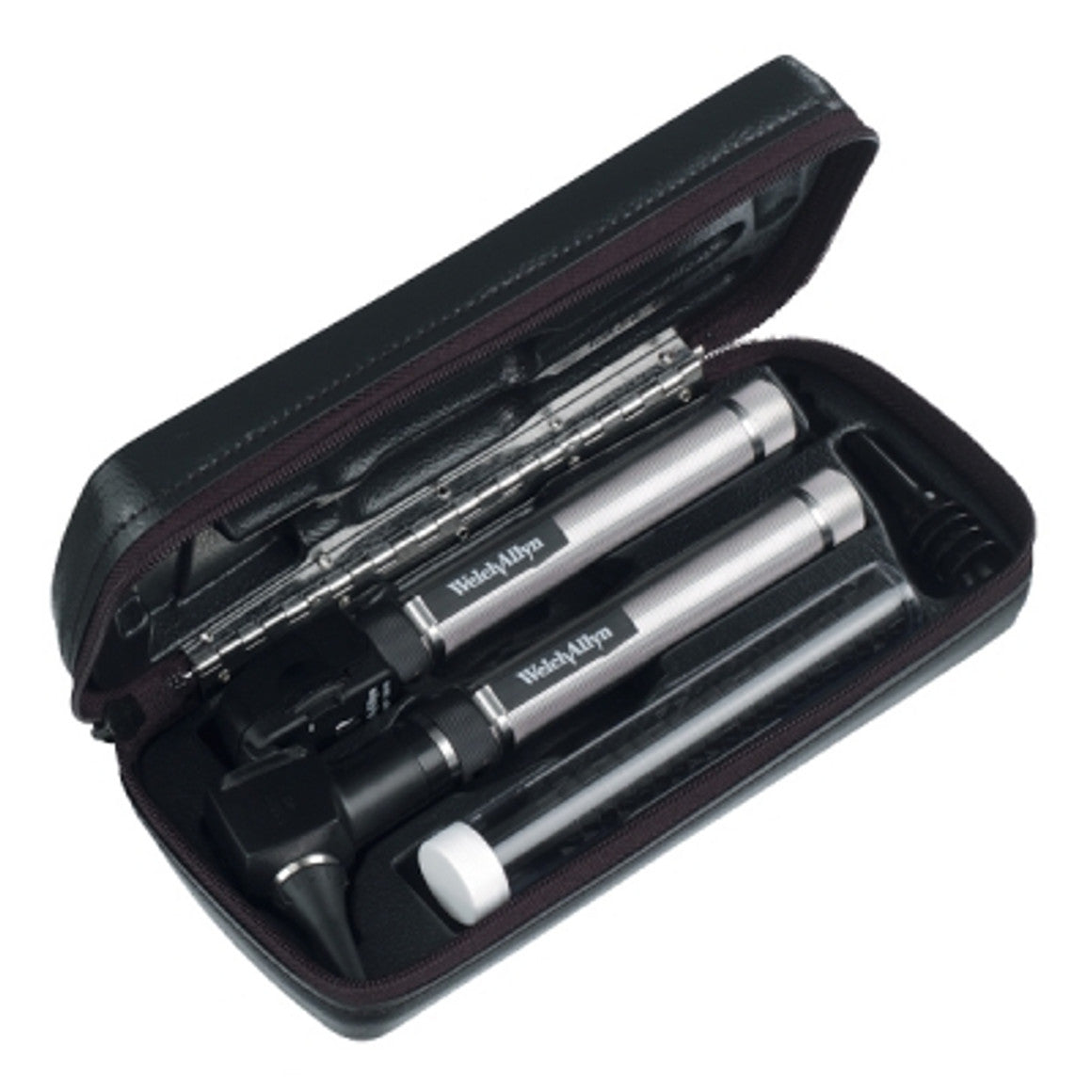 Set of medical tools including an otoscope and ophthalmoscope in a black case on a white background