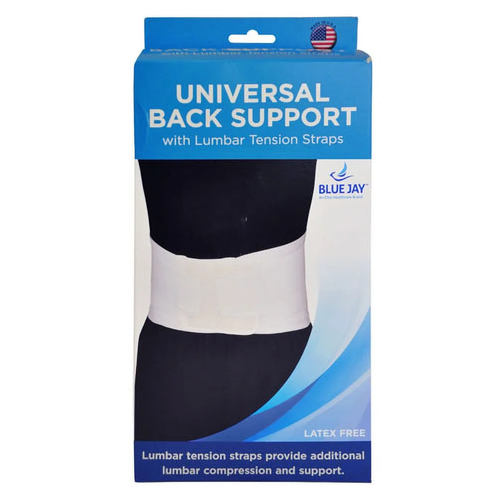 Box of Blue Jay universal back support with lumbar tension straps on a white background