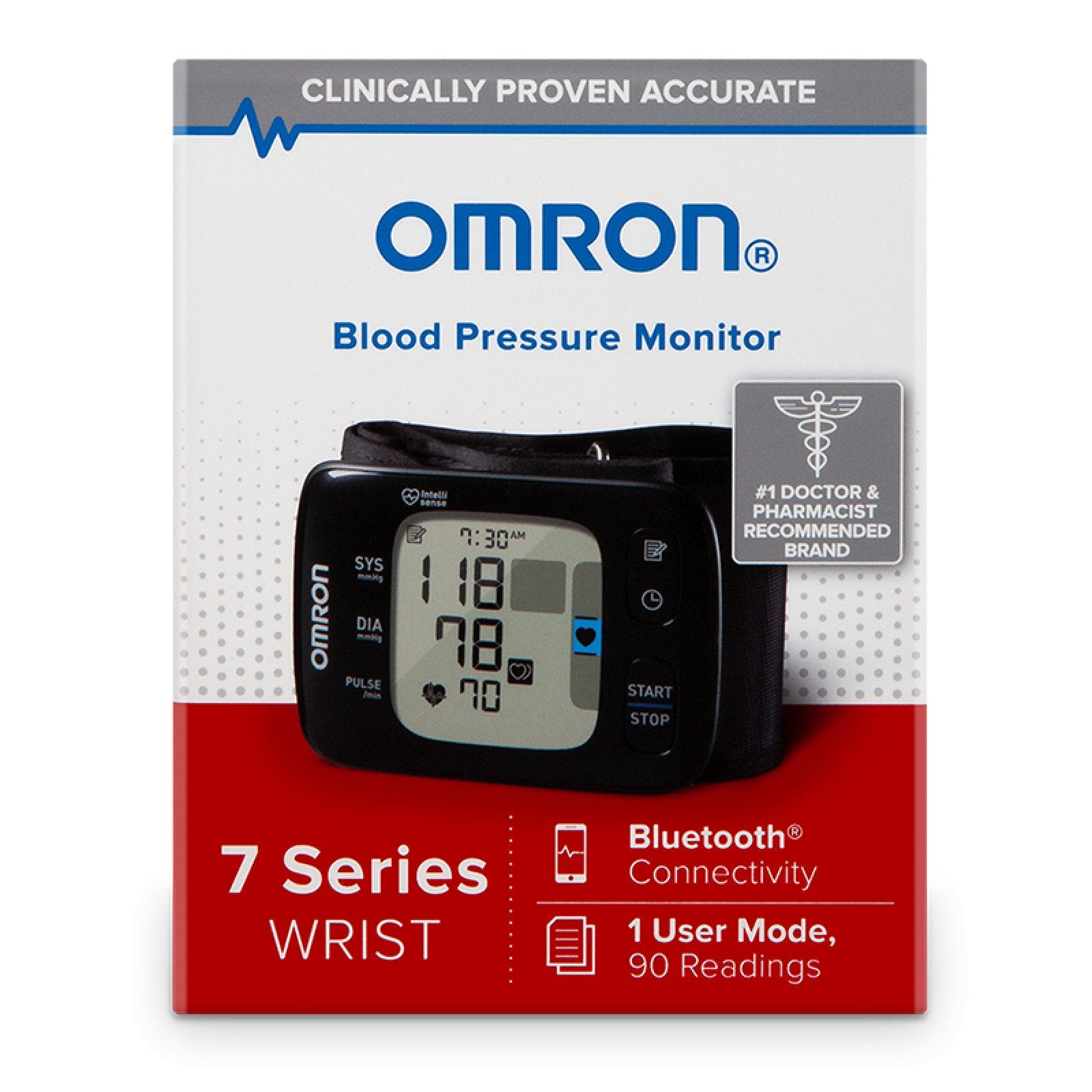 Omnron blood pressure monitor packaging on a white background