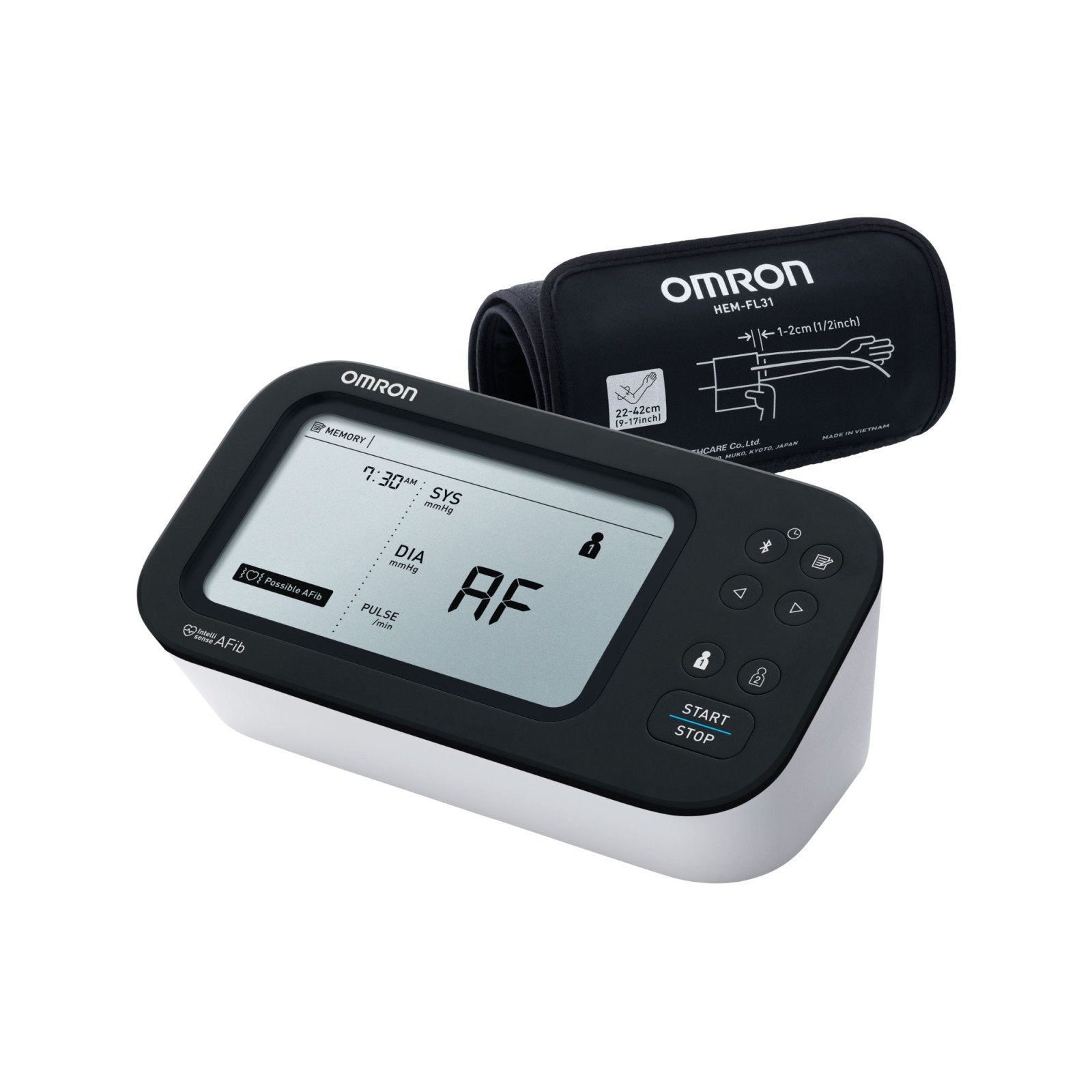 Omron blood pressure monitor with digital display and arm cuff on a white background
