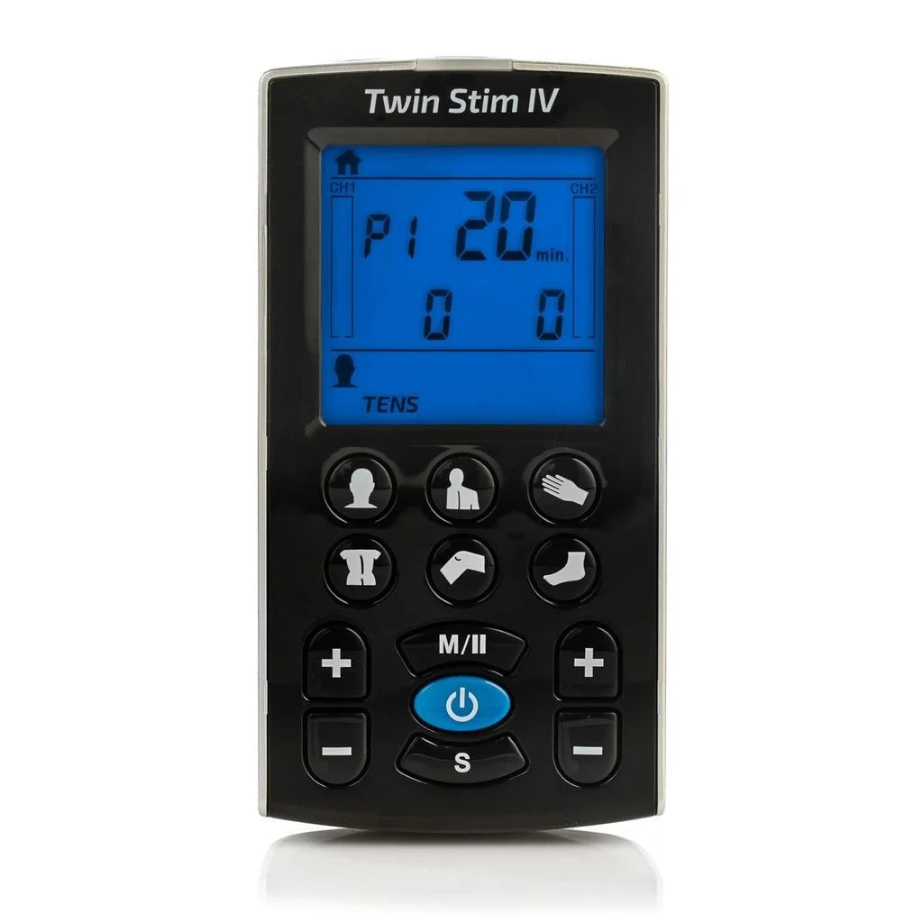 Twin Stim IV electronic device with digital display on a white background