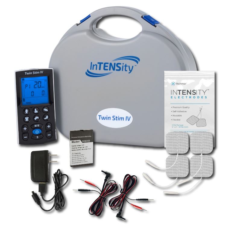 Electrotherapy device kit with controller, cables, and electrodes on a white background