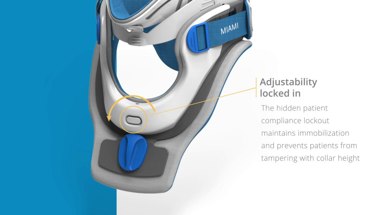 Neck brace with adjustable features on a blue and white background