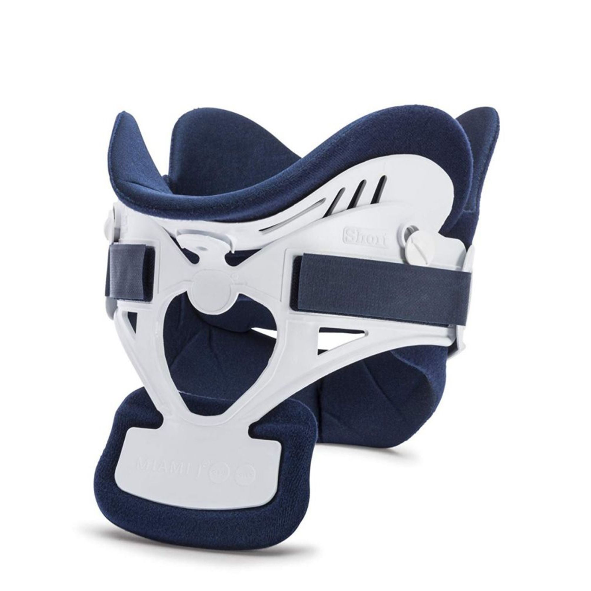 Navy and white neck brace on a white background