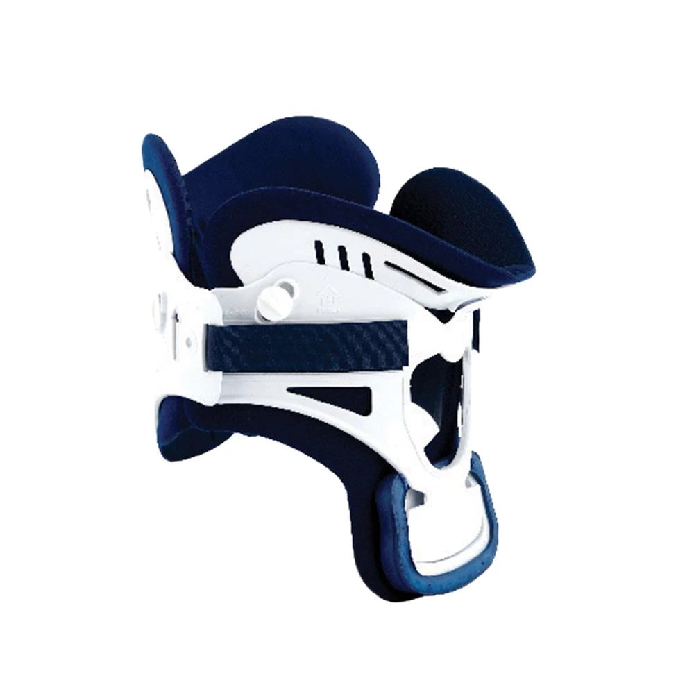 Navy and white neck brace on a white background