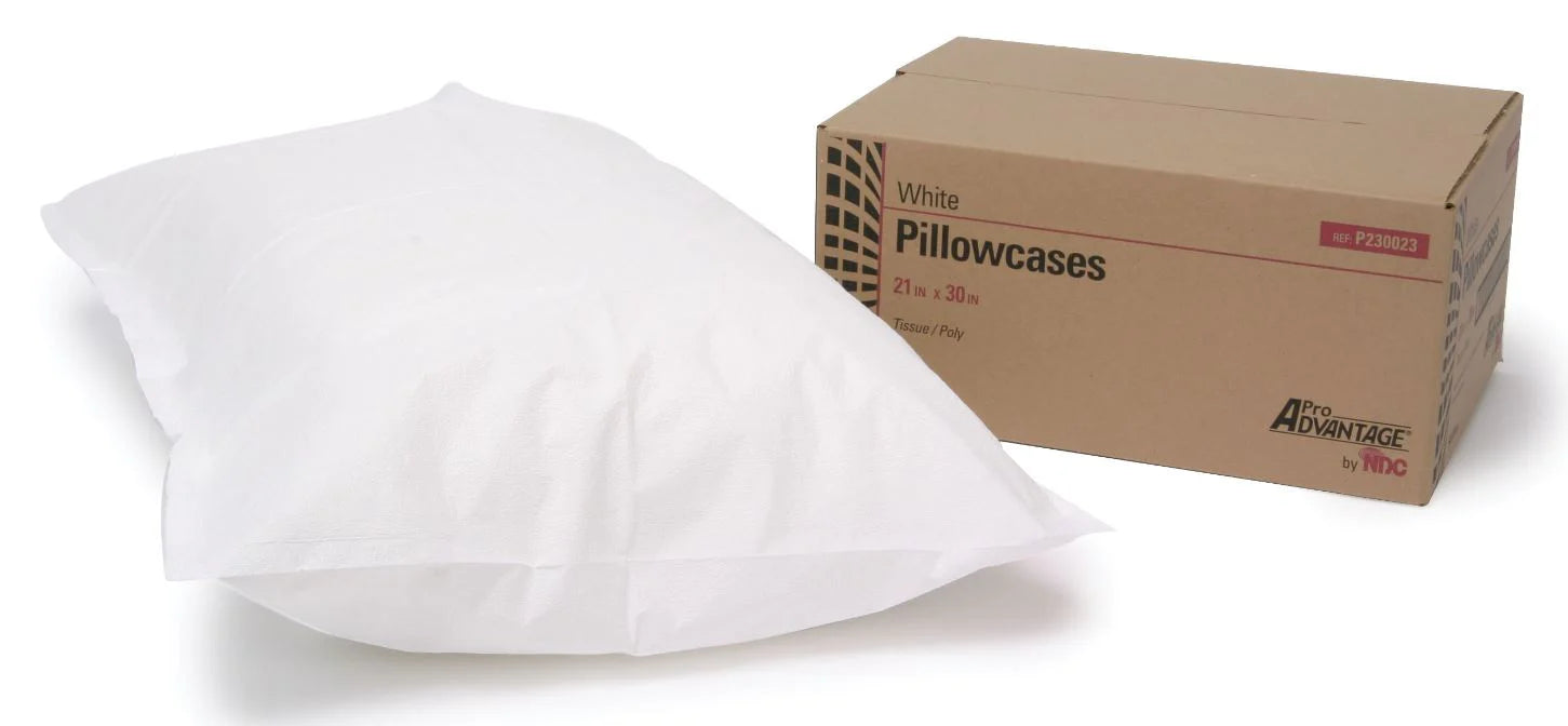 White pillowcases and a cardboard box labeled 'White Pillowcases' on a white background
