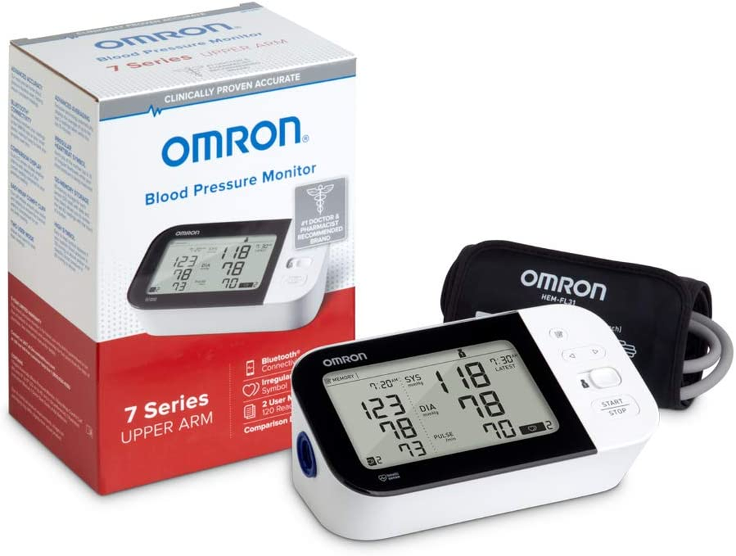 Omron blood pressure monitor with packaging on a white background