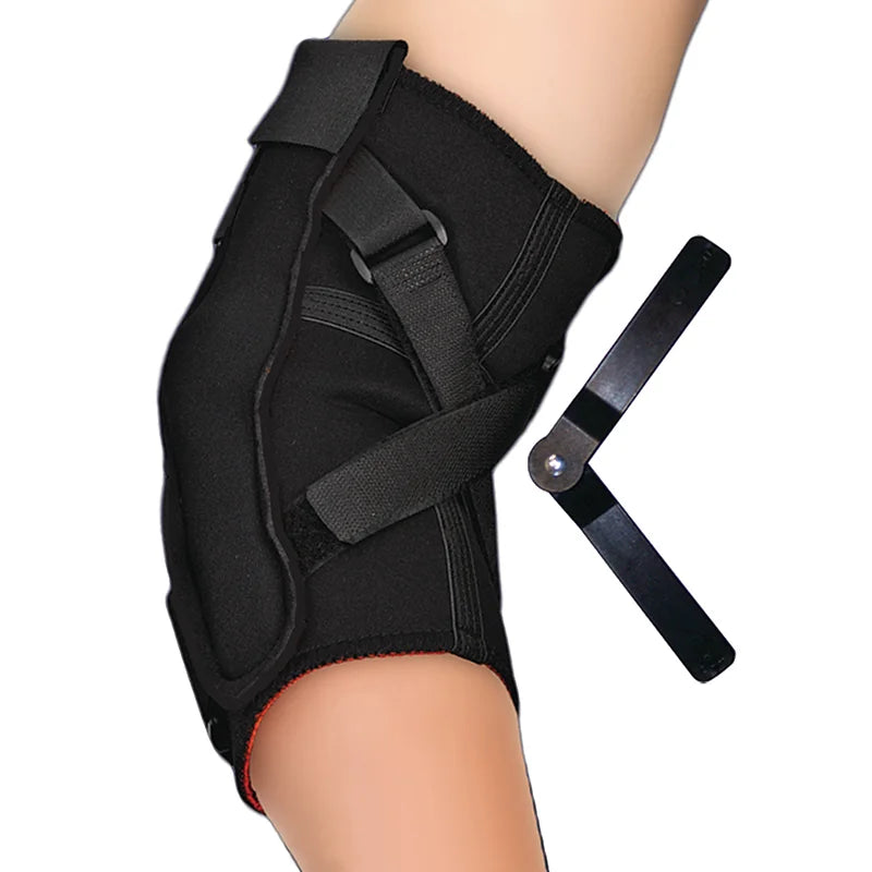 Black knee brace on a person's knee with a close-up of the brace on a white background.
